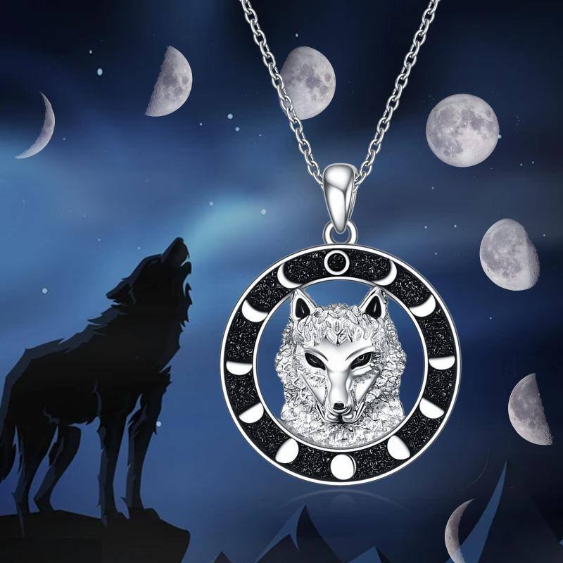 Collier pendentif lune loup en argent sterling-6