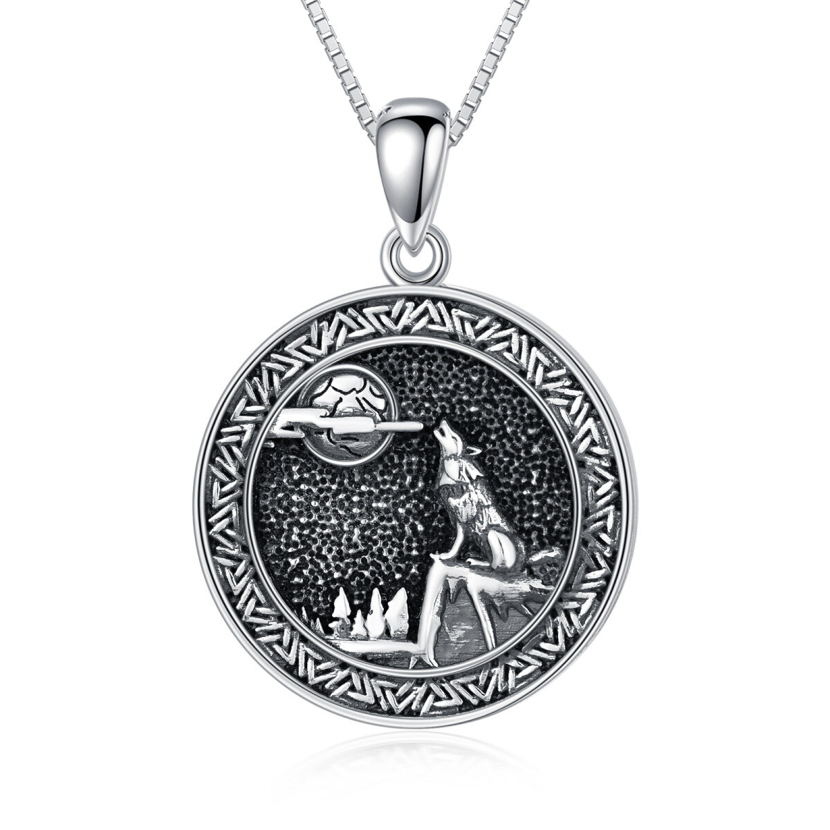 Sterling Silver Wolf & Moon Pendant Necklace-1