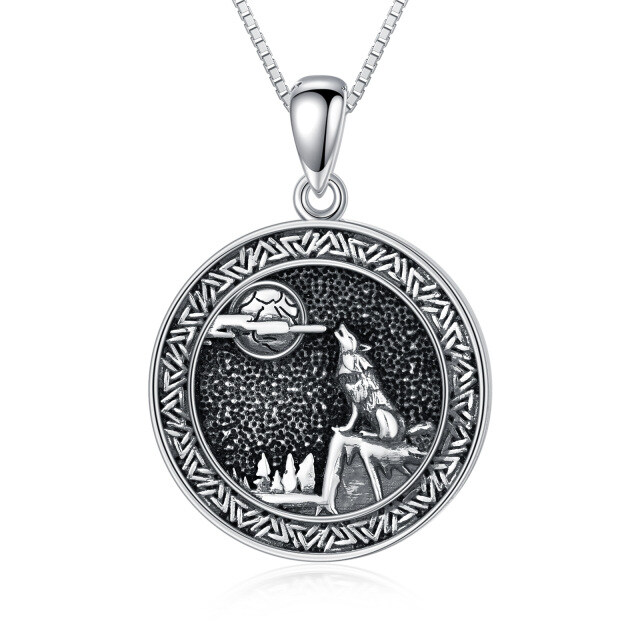 Collana con ciondolo lupo e luna in argento sterling-1