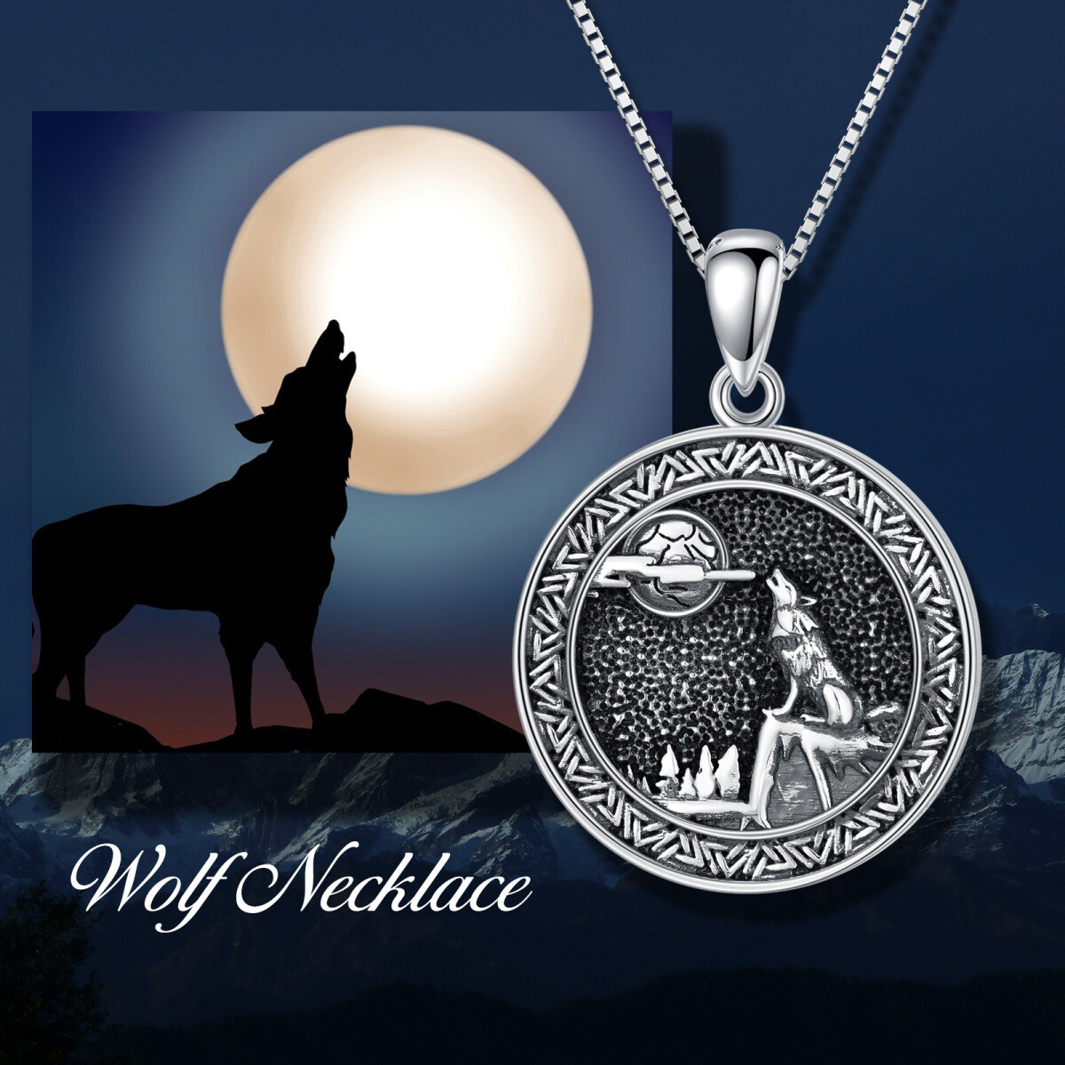 Collier pendentif lune loup en argent sterling-3