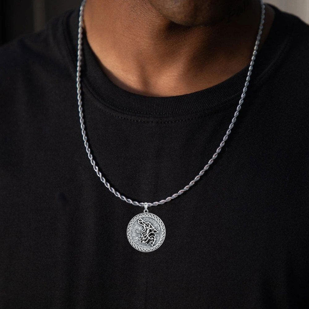 Collier en argent sterling avec pendentif en forme de loup pour hommes-3