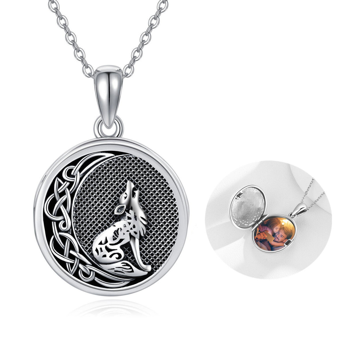 Collier en argent sterling avec loup et photo personnalisée Collier en argent sterling ave-1