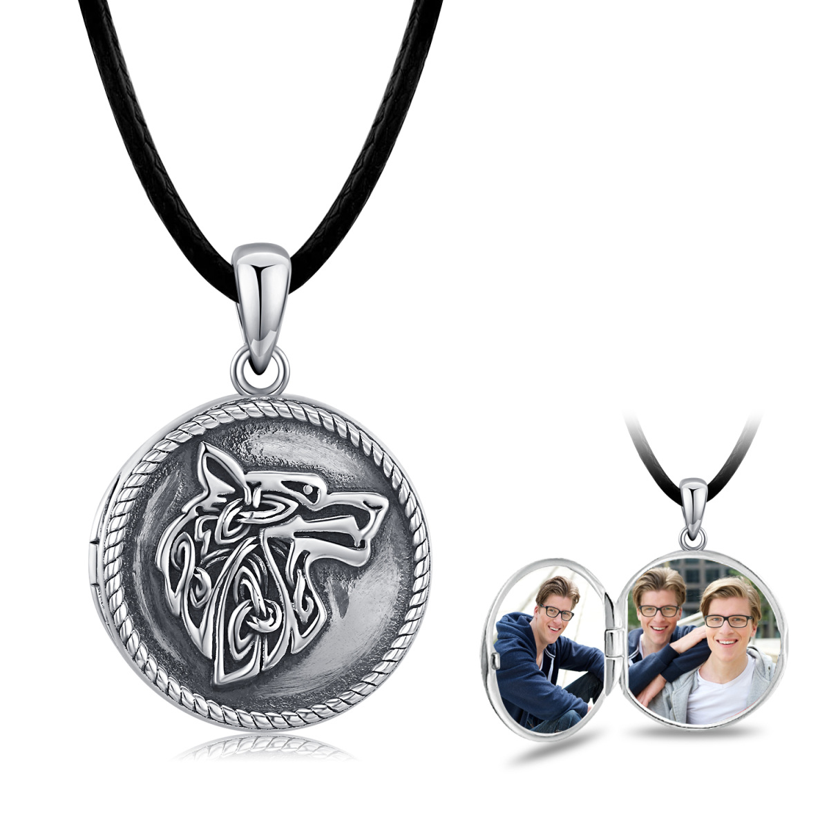 Sterling Silver Wolf Personalized Photo Locket Necklace for Men-1