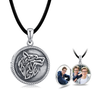 Sterling Silver Wolf Personalized Photo Locket Necklace for Men-2