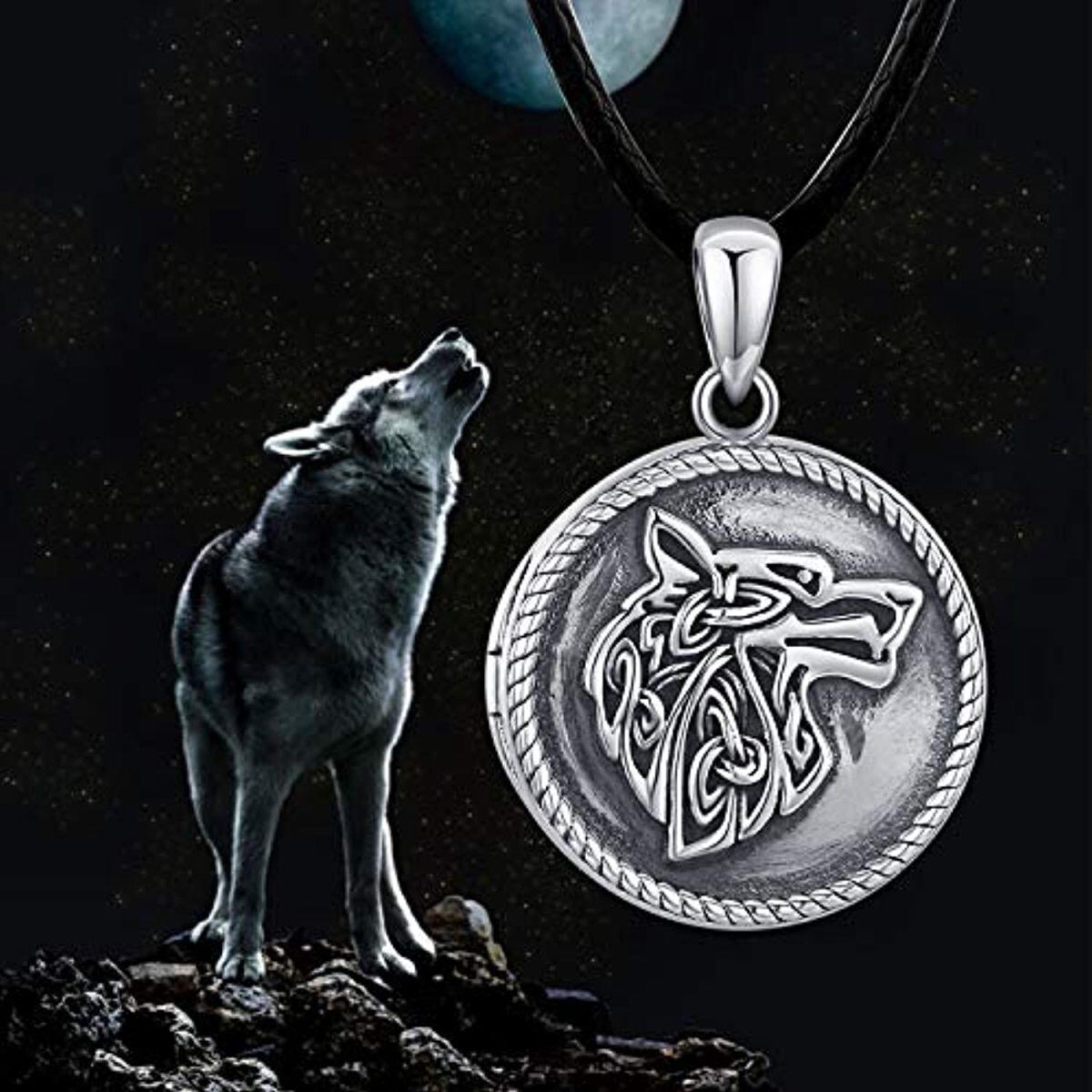 Collar con medallón fotográfico personalizado de lobo en plata esterlina para hombres-5