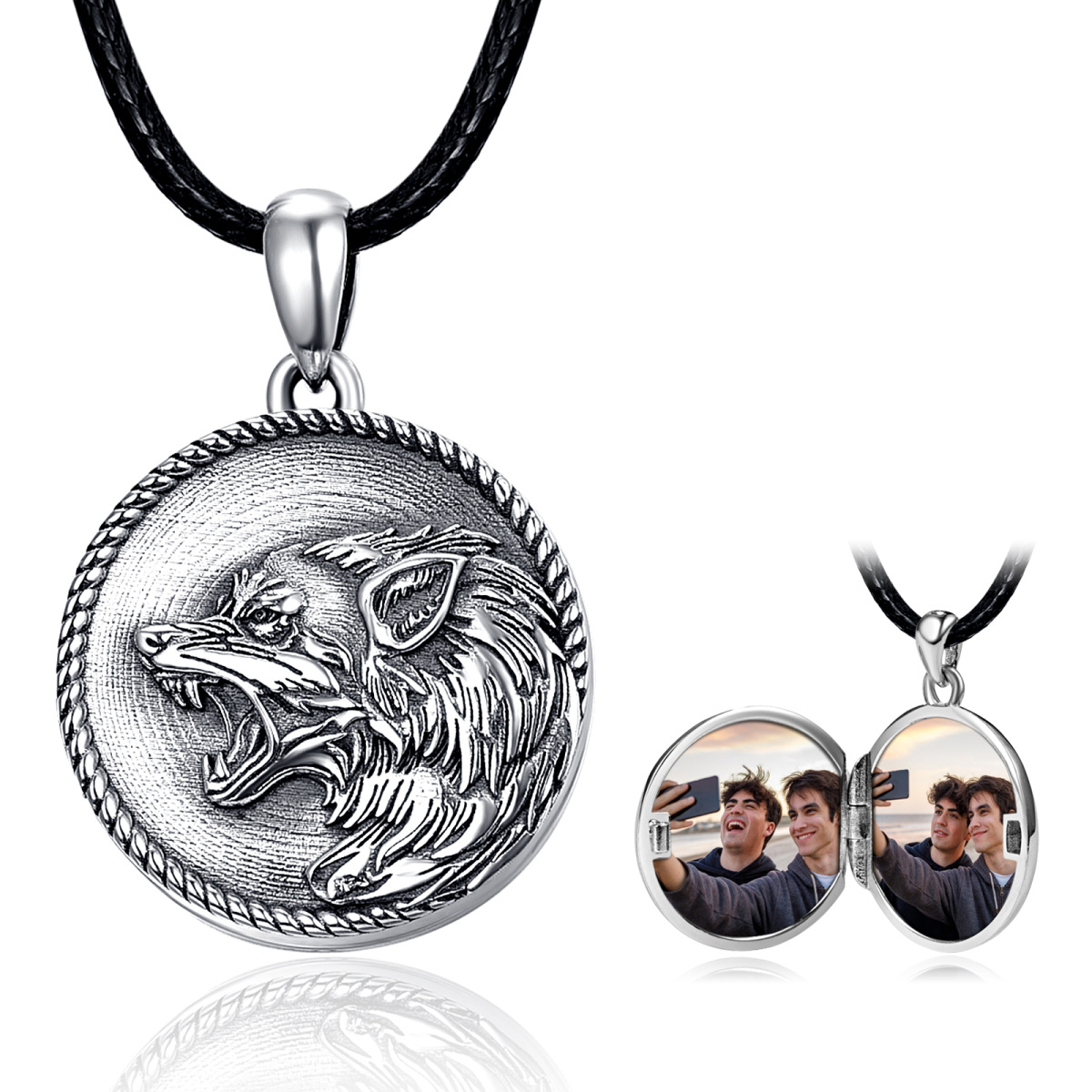 Sterling Silver Wolf & Personalized Photo Locket Necklace for Men-1