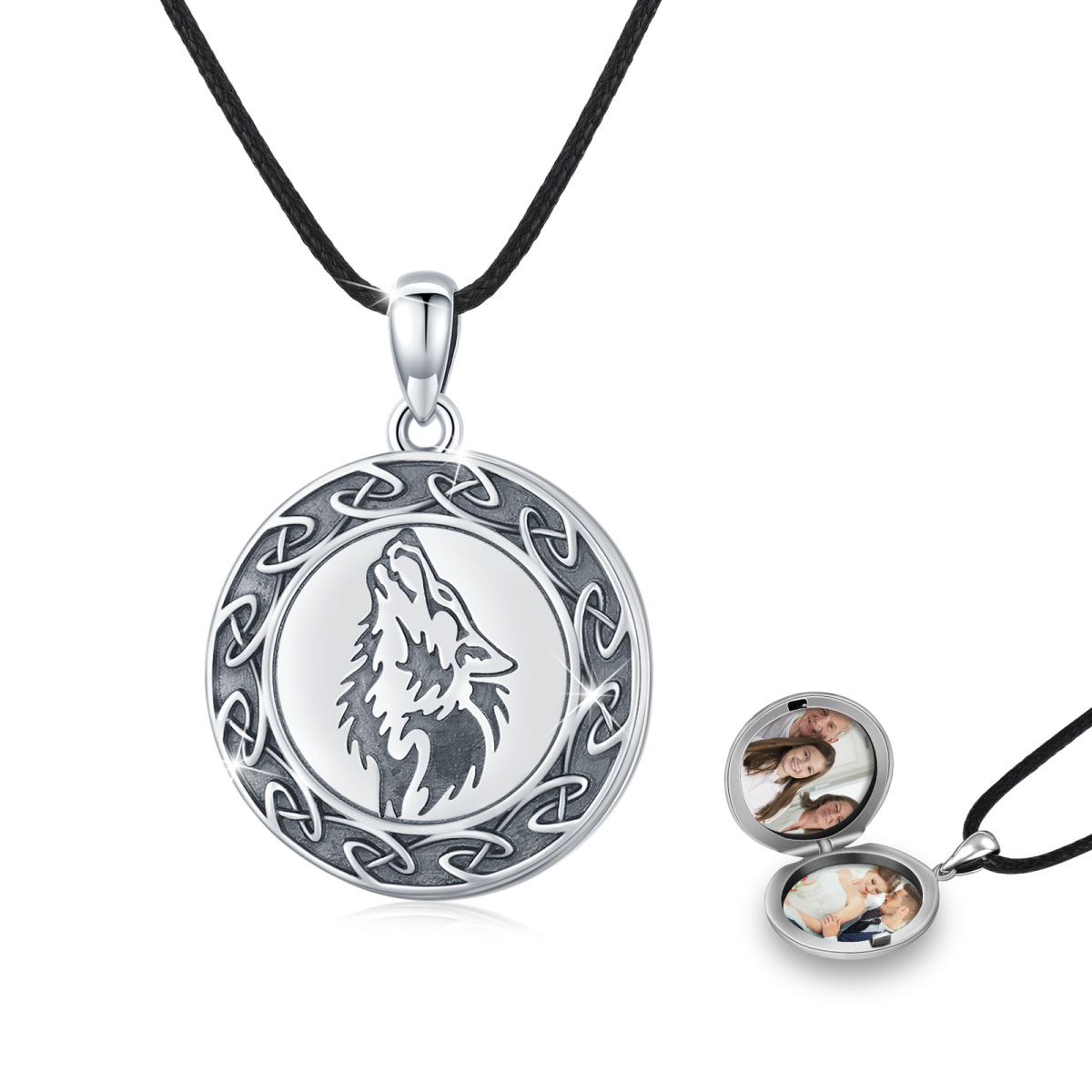 Colar de prata esterlina com pingente de medalhão de fotos personalizadas de lobo para homens-1