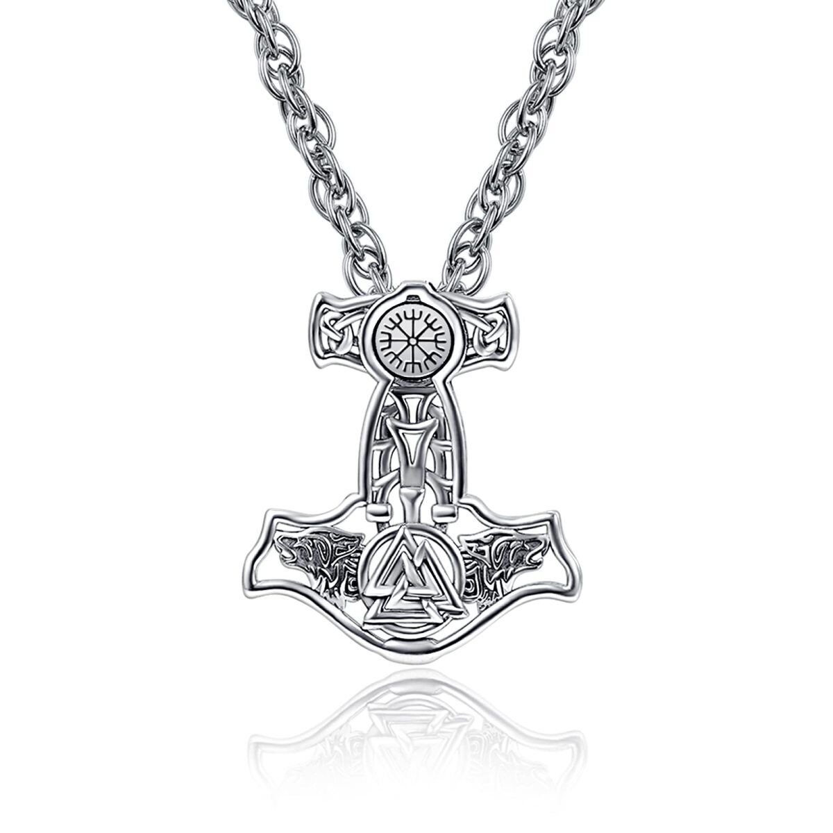 Sterling Silver Wolf Thor'S Hammer And Viking Rune Pendant Necklace For Men-1