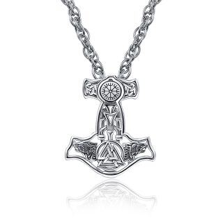 Sterling Silver Wolf Thor'S Hammer And Viking Rune Pendant Necklace For Men-12