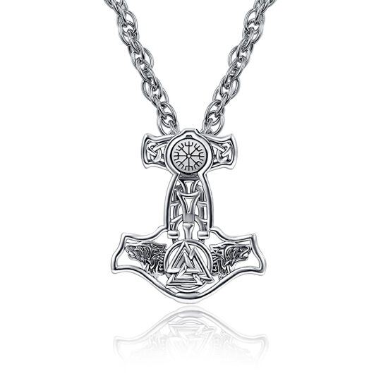 Sterling Silver Wolf & Skull & Thor's Hammer & Viking Rune Pendant Necklace for Men