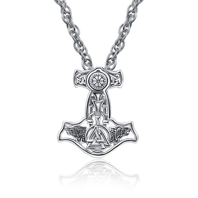 Sterling Silver Wolf & Skull & Thor's Hammer & Viking Rune Pendant Necklace for Men-4