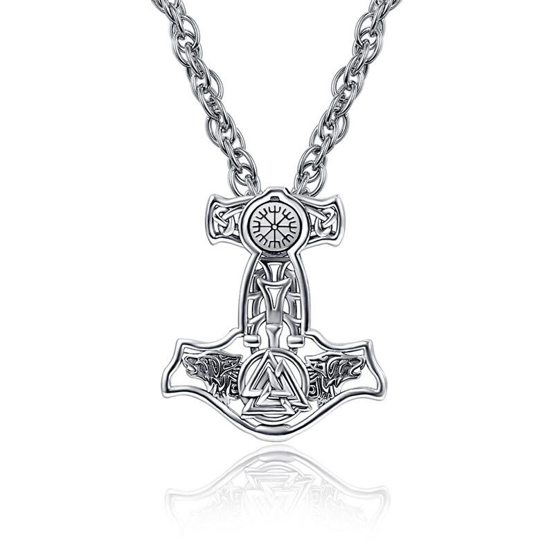 Sterling Silver Wolf Thor'S Hammer And Viking Rune Pendant Necklace For Men-20
