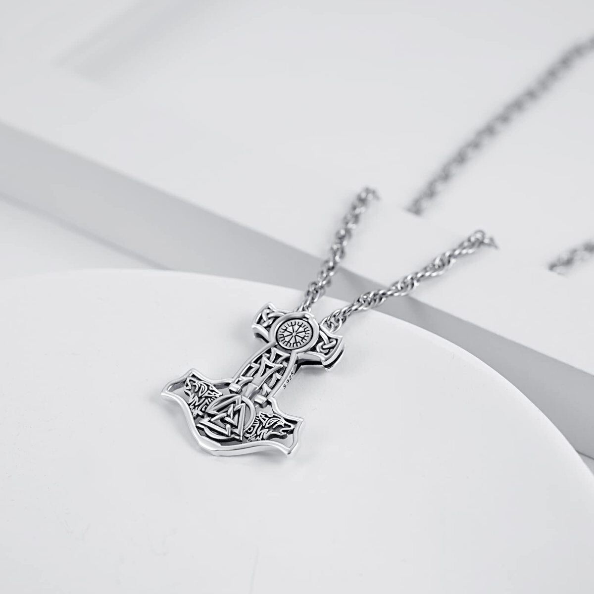 Sterling Silver Wolf Thor'S Hammer And Viking Rune Pendant Necklace For Men-3