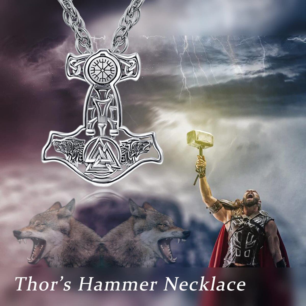 Sterling Silver Wolf Thor'S Hammer And Viking Rune Pendant Necklace For Men-5