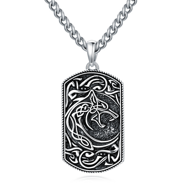 Collana con ciondolo quadrato e lupo in argento sterling-1