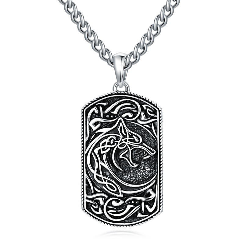 Sterling Silver Wolf & Square Pendant Necklace-1