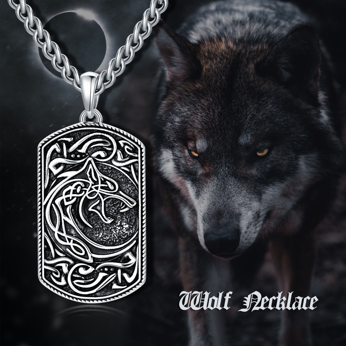 Collier pendentif carré loup en argent sterling-3