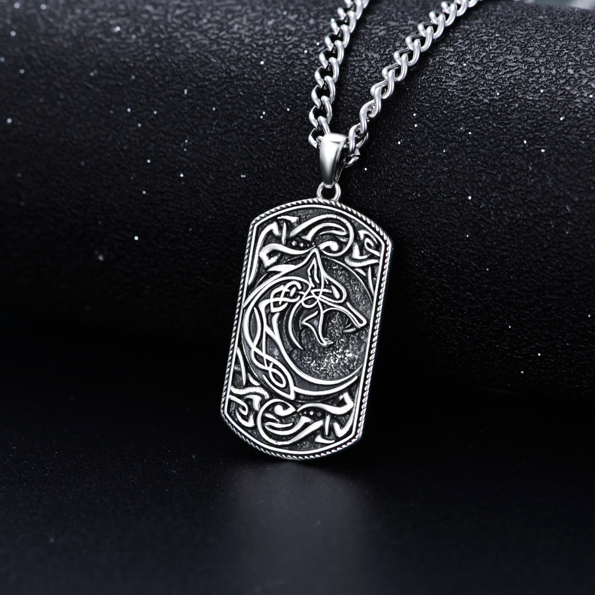 Sterling Silver Wolf & Square Pendant Necklace-4