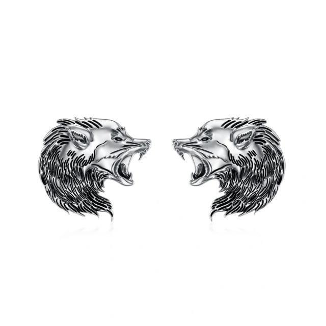 Sterling Silver Wolf Stud Earrings-1