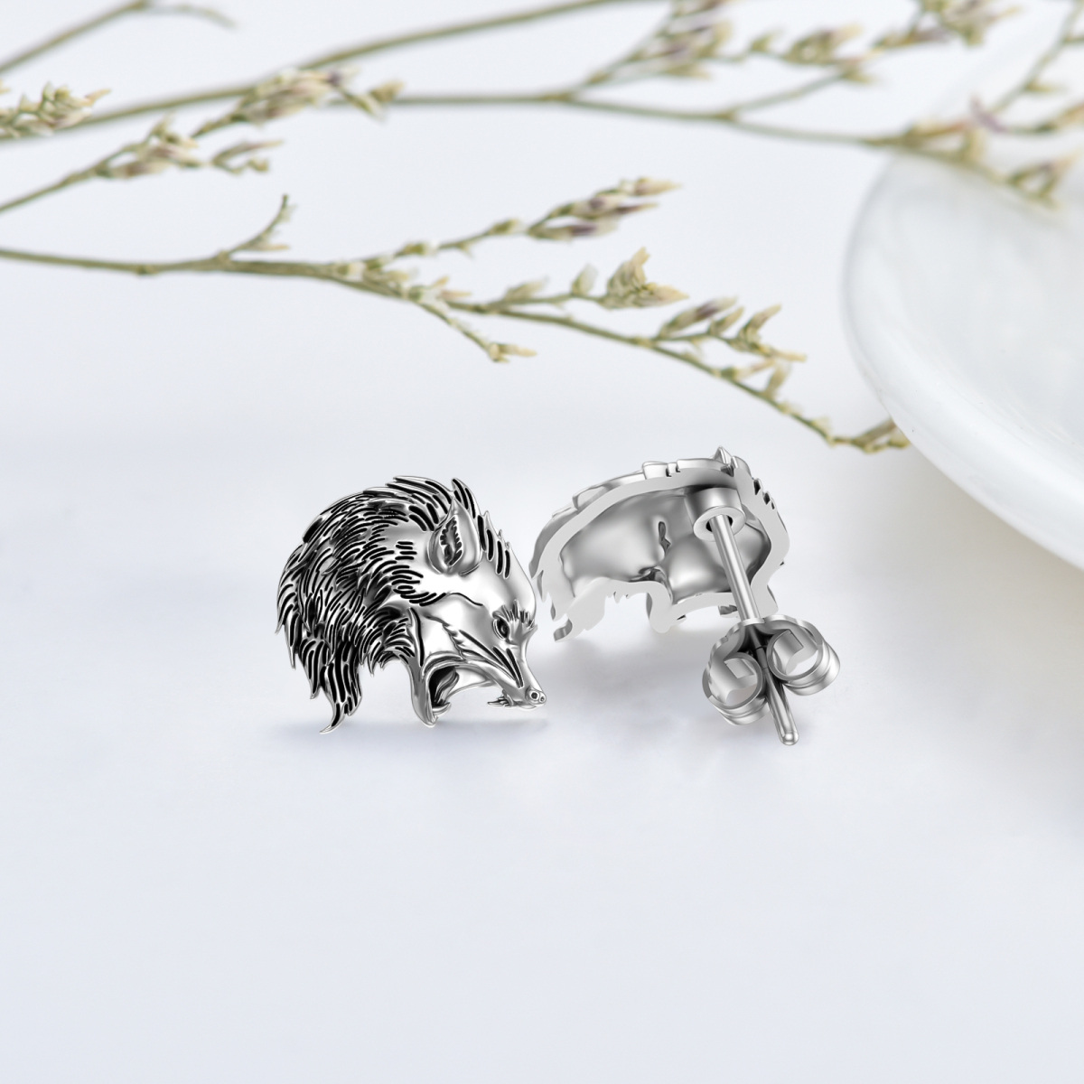 Sterling Silver Wolf Stud Earrings-4