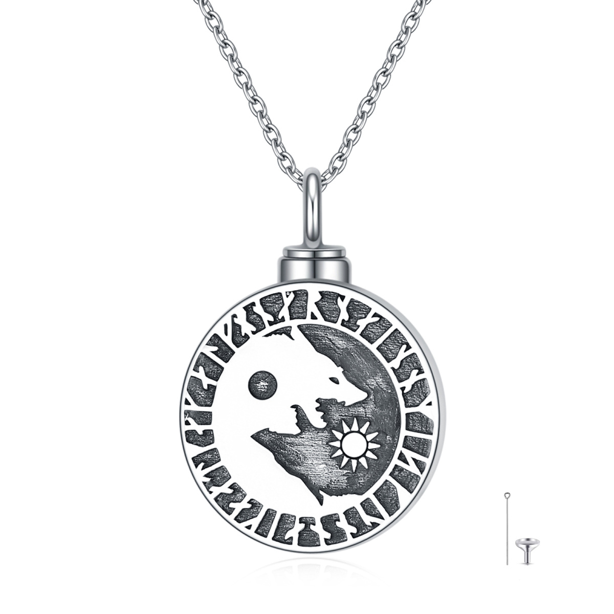 Sterling Silber Wolf & Sonne Wikinger Rune Urne Halskette für Asche-1