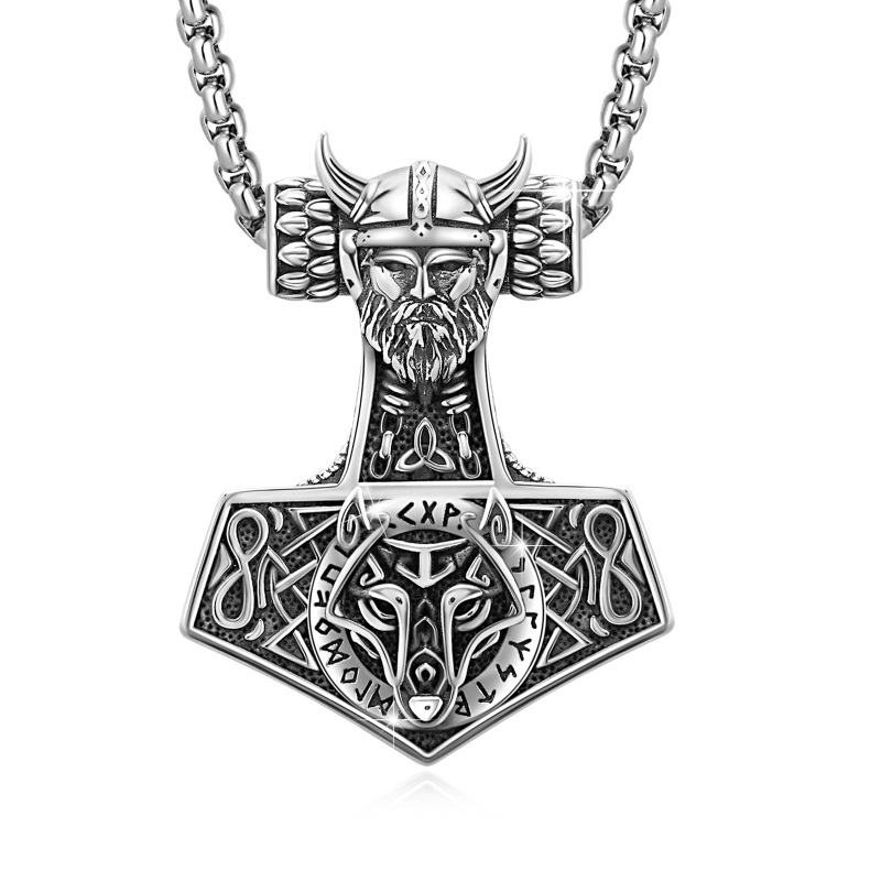 Sterling Silver Wolf & Thor's Hammer Pendant Necklace for Men-19