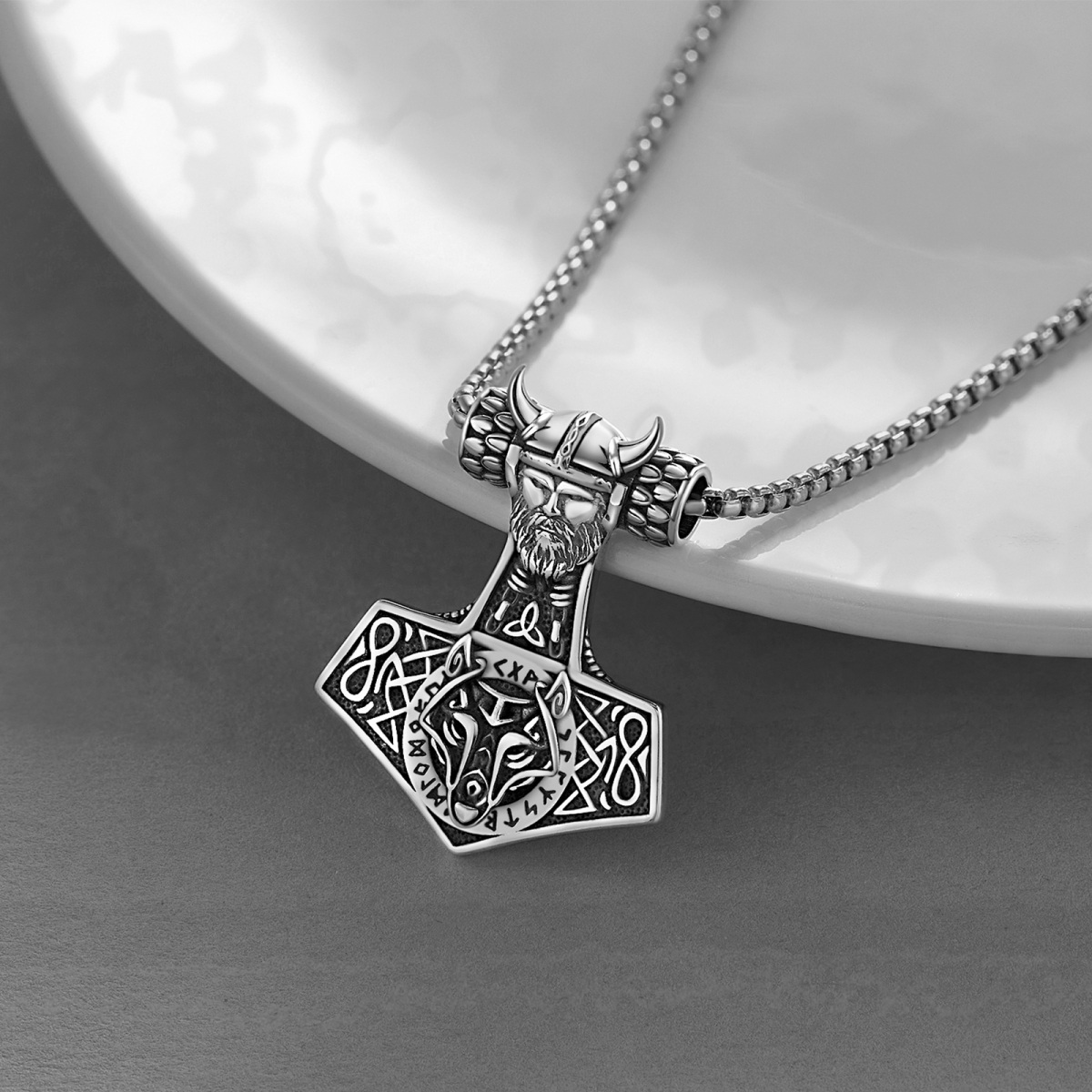 Sterling Silver Wolf & Thor's Hammer Pendant Necklace for Men-3