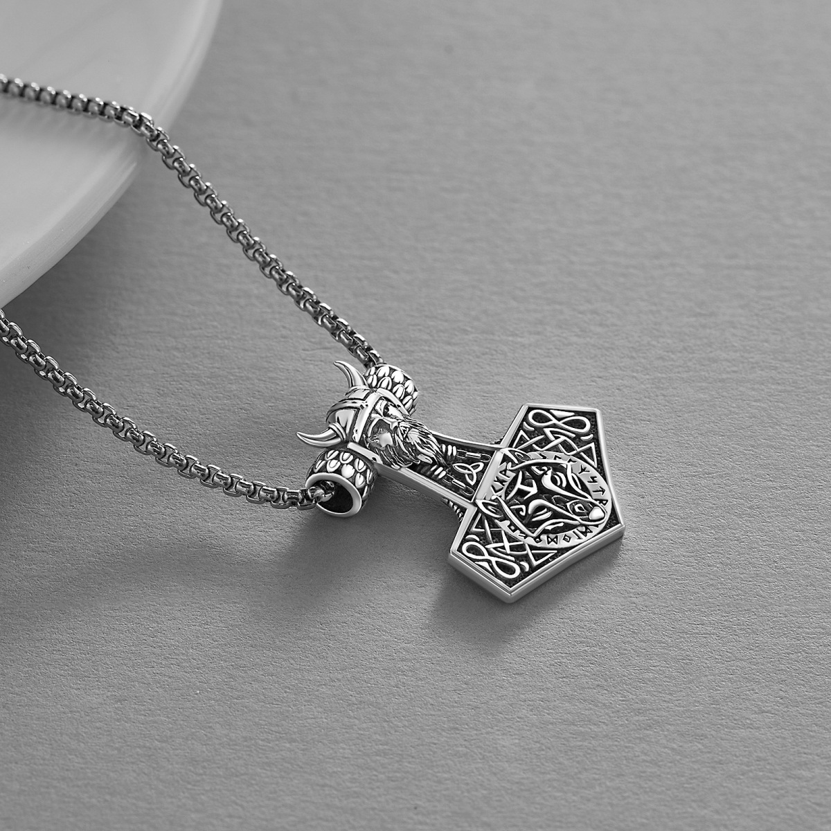 Sterling Silver Wolf & Thor's Hammer Pendant Necklace for Men-4