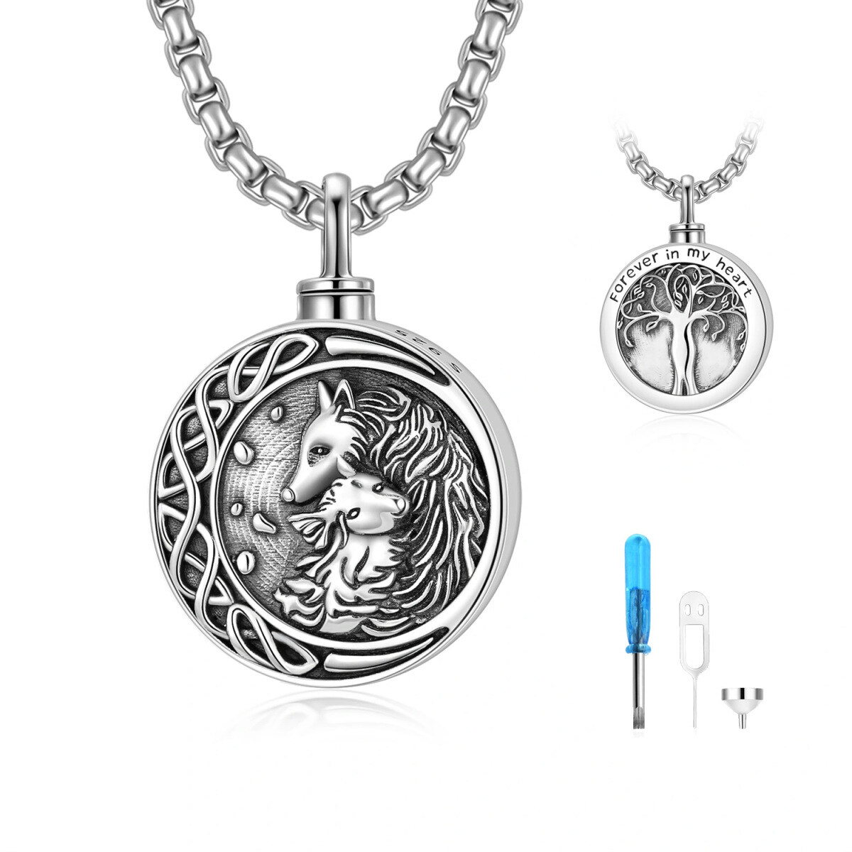 Lobo de plata de ley con árbol de la vida con collar de urna de nudo celta para cenizas para hombres-1