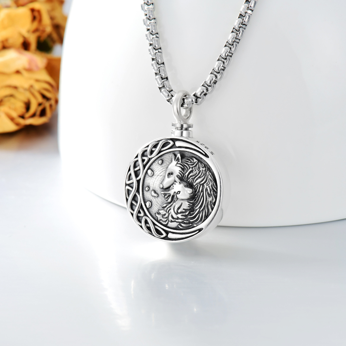 Sterling Silver Wolf With Tree Of Life With Celtic Knot Urn Necklace For Ashes For Men-3