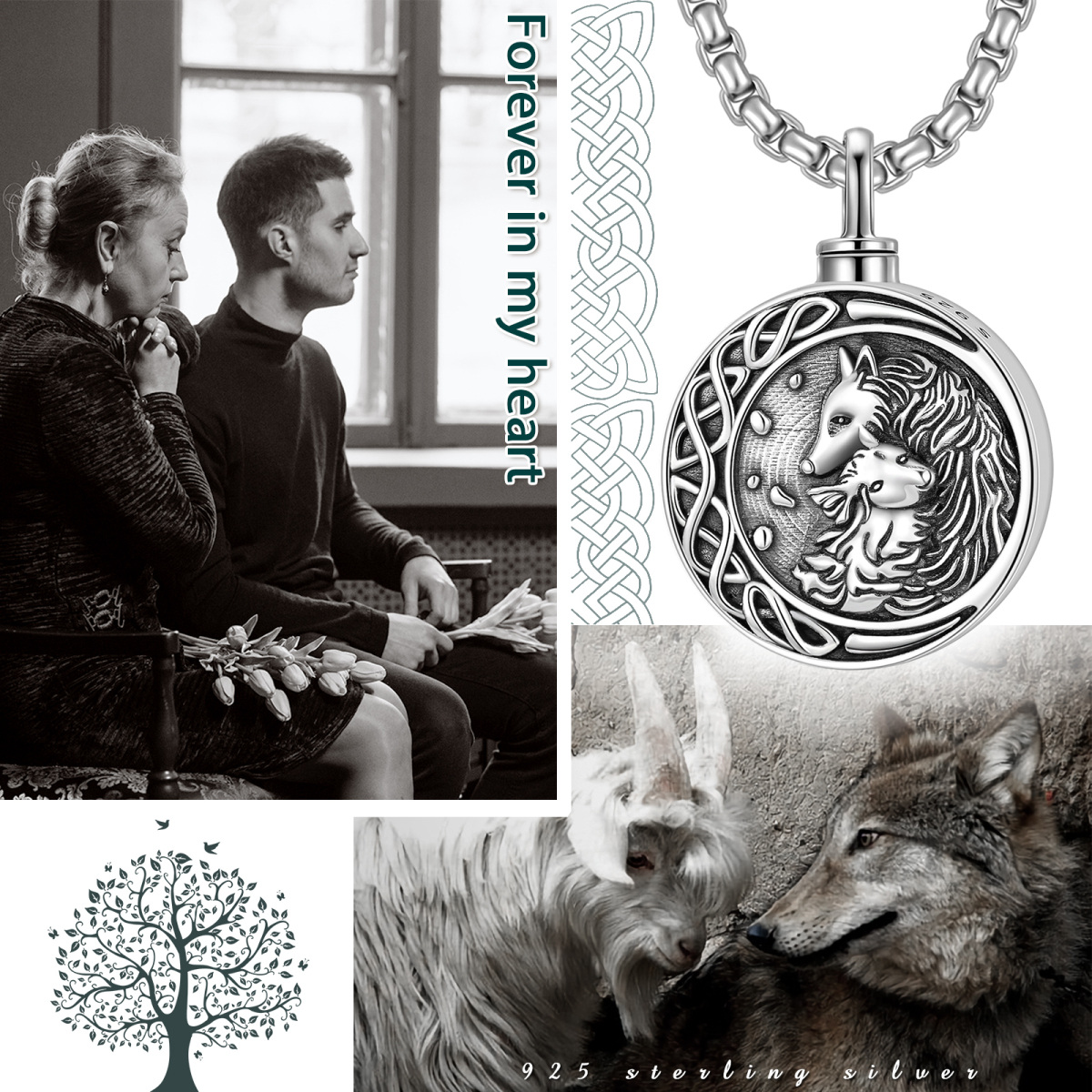 Lupo in argento sterling con albero della vita con collana di urna con nodo celtico per ceneri da uomo-6