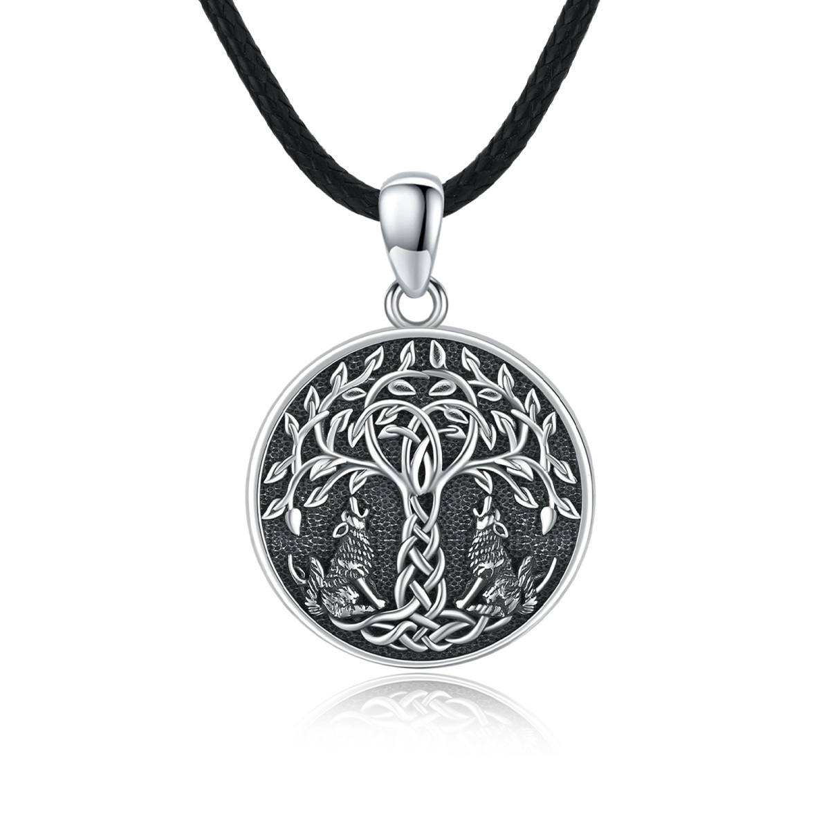 Collana con ciondolo albero della vita in argento sterling con lupo-1