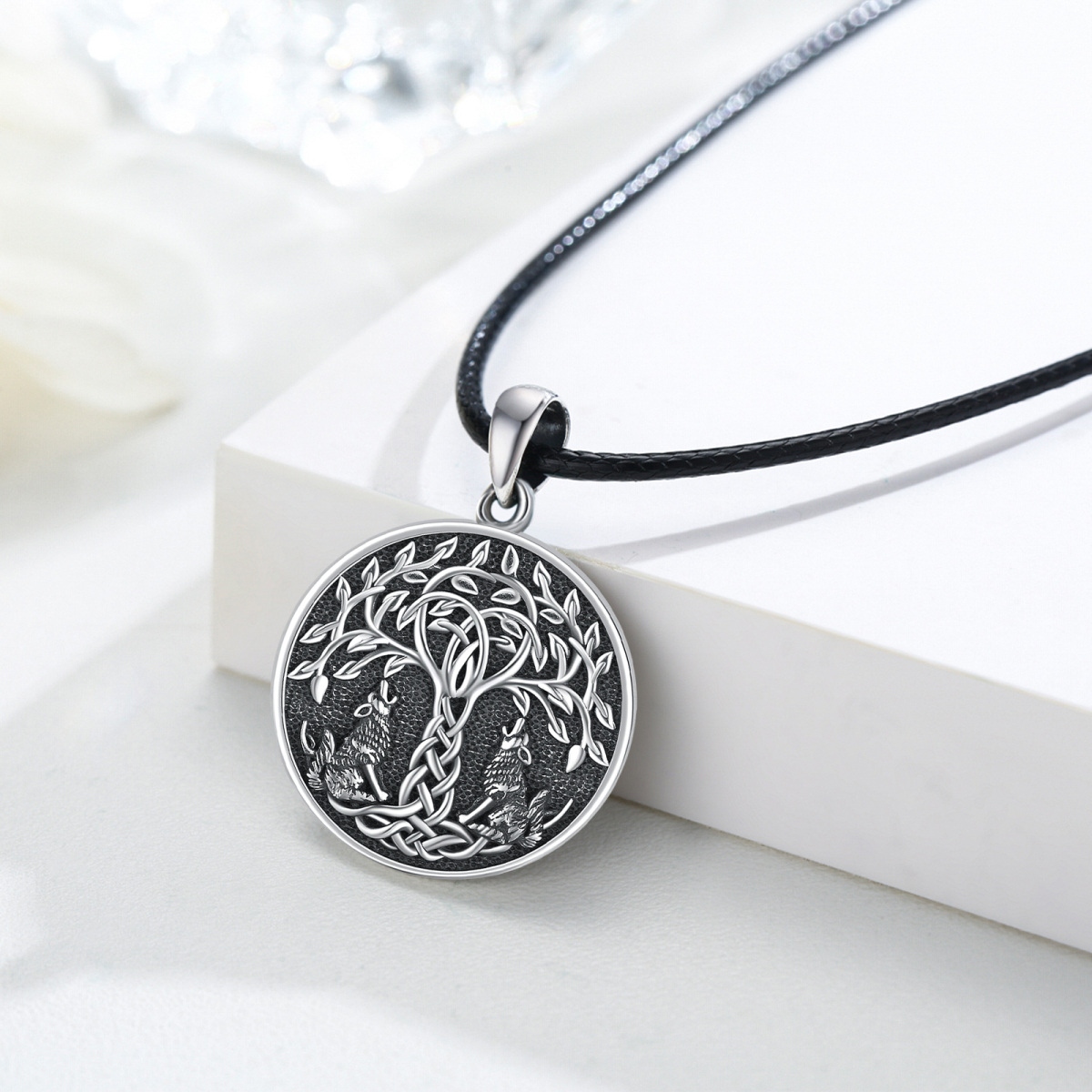 Sterling Silver Wolf & Tree Of Life Pendant Necklace-4