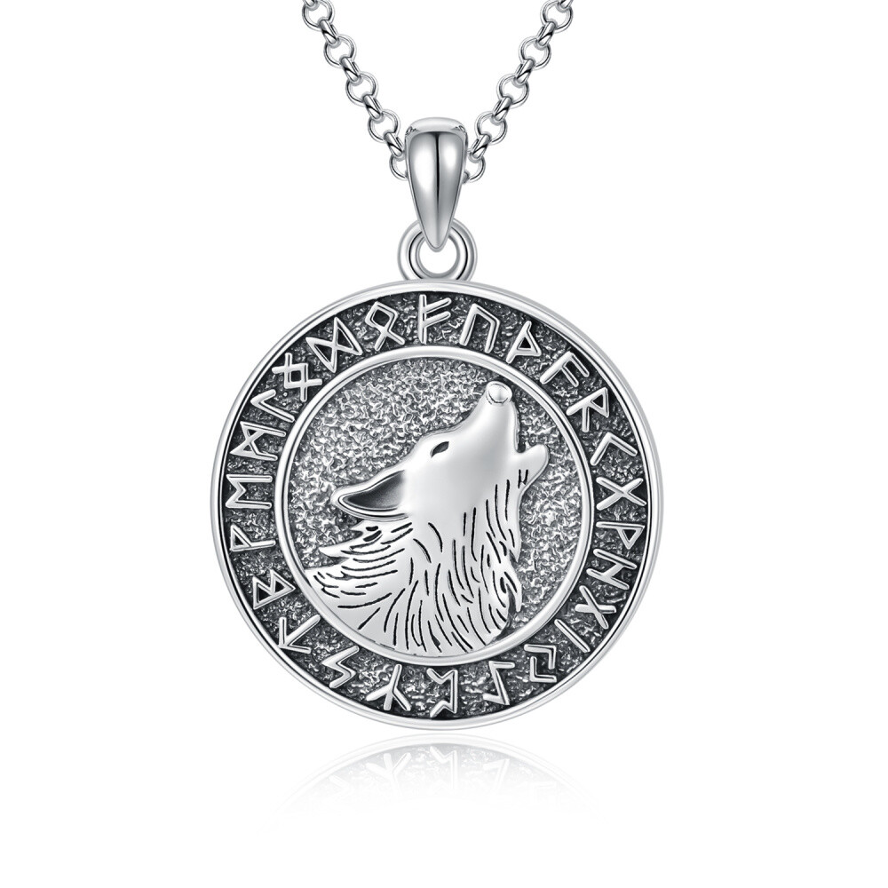 Halskette mit Münzanhänger „Wolf“ aus Sterlingsilber mit Runenmotiv-1