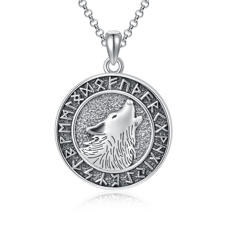 Sterling Silver Wolf & Viking Rune Coin Pendant Necklace-12