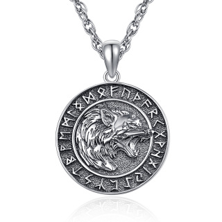 Sterling Silver Wolf & Viking Rune Pendant Necklace for Men-4