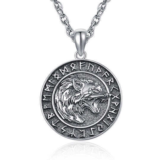 Sterling Silver Wolf & Viking Rune Pendant Necklace for Men