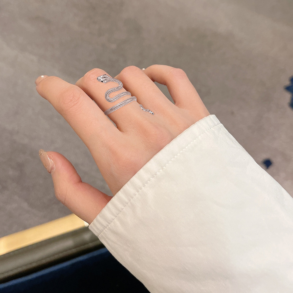 Anello aperto con serpente impilato in argento sterling-6