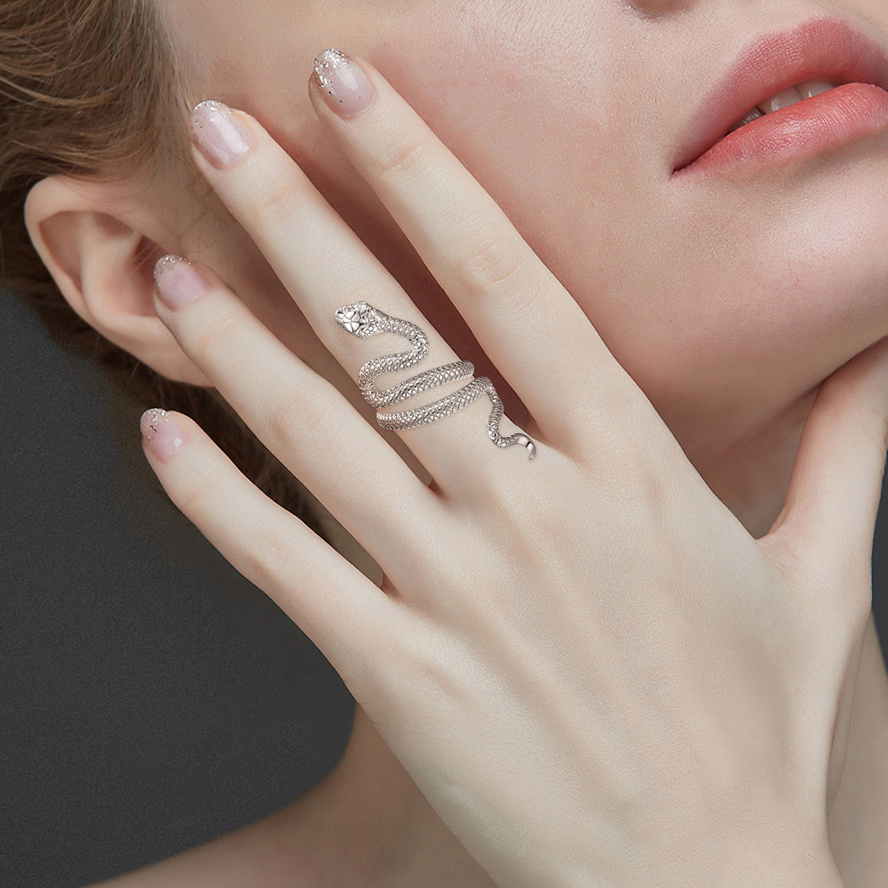 Anello aperto con serpente impilato in argento sterling-8