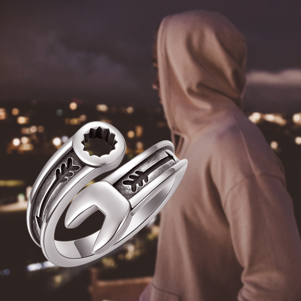 Anello aperto con chiave inglese in argento sterling-6