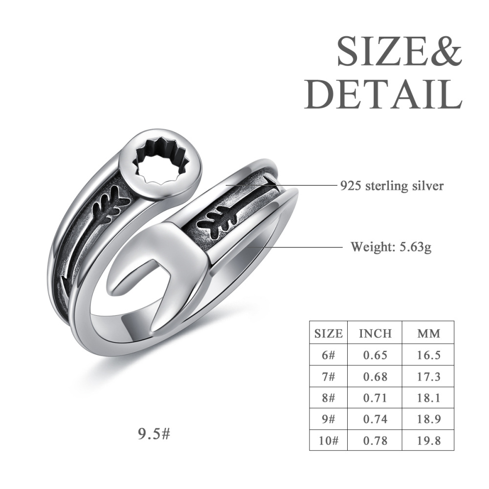 Anello aperto con chiave inglese in argento sterling-7