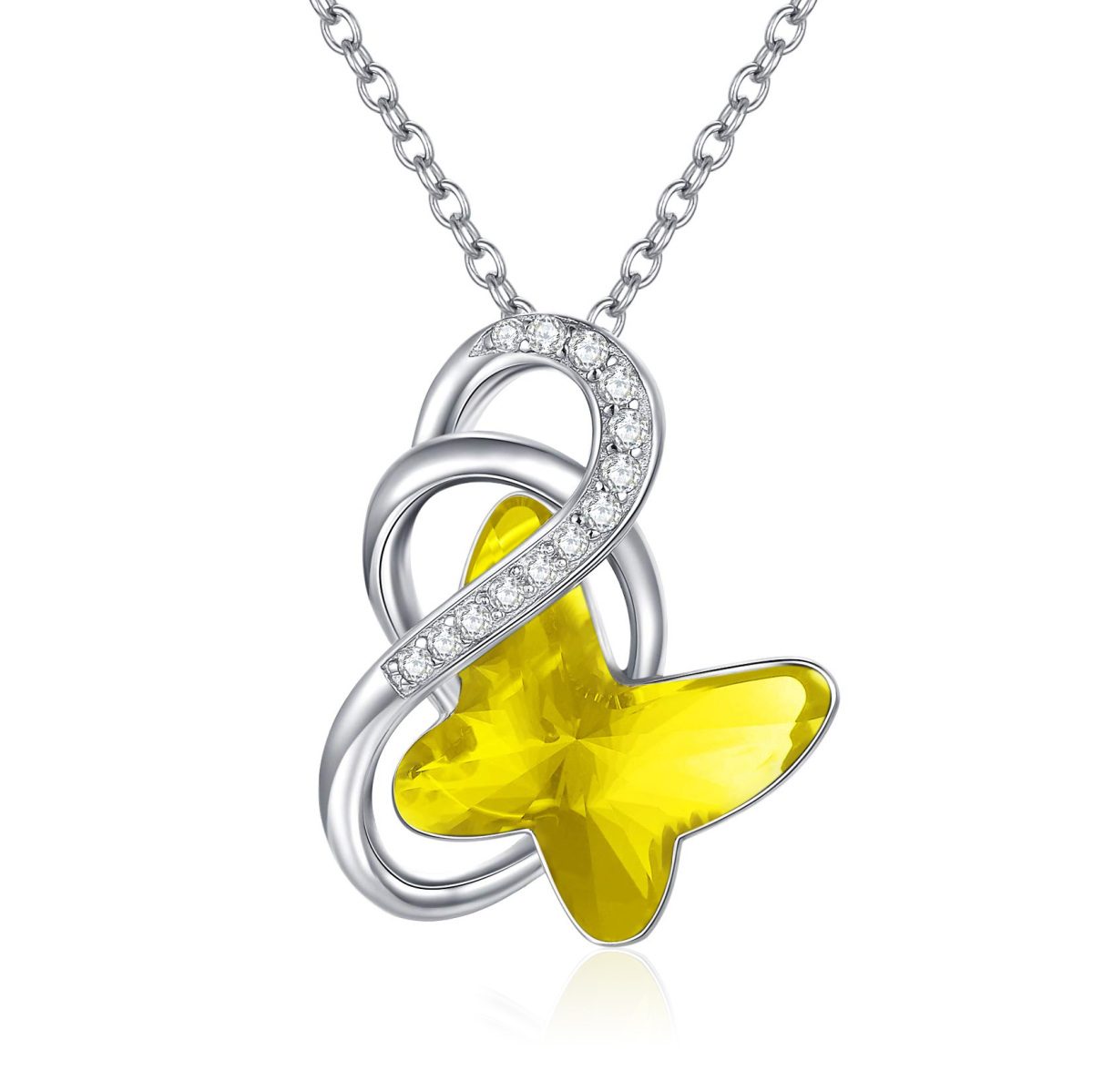 Collier avec pendentif en argent sterling et cristal jaune avec symbole de l'infini et papillon pour femme-1