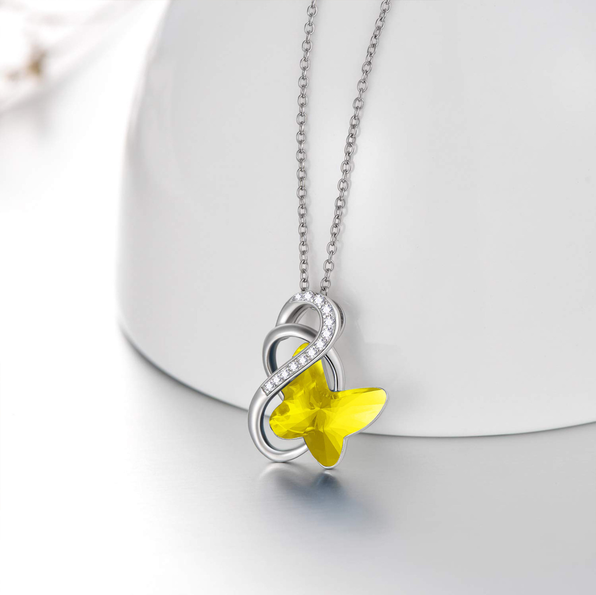 Collier avec pendentif en argent sterling et cristal jaune avec symbole de l'infini et papillon pour femme-3