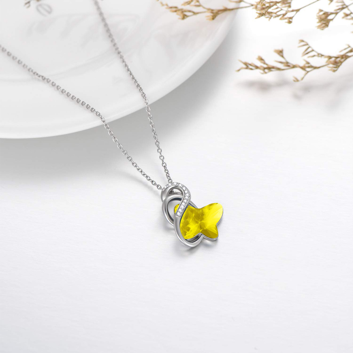 Collier avec pendentif en argent sterling et cristal jaune avec symbole de l'infini et papillon pour femme-4