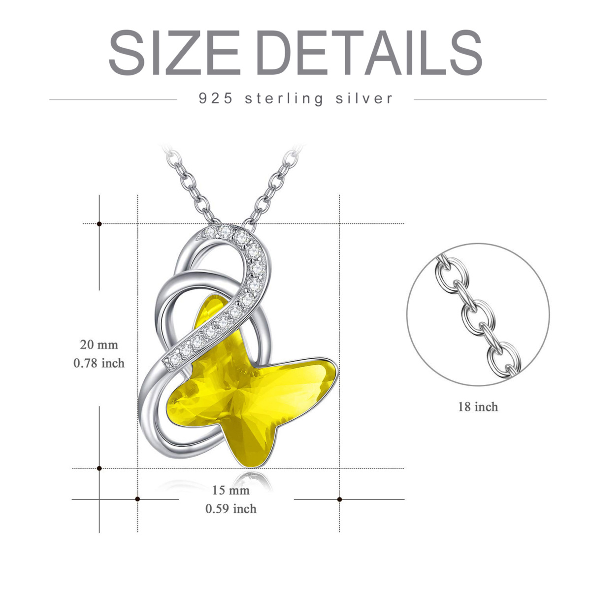 Collier avec pendentif en argent sterling et cristal jaune avec symbole de l'infini et papillon pour femme-5