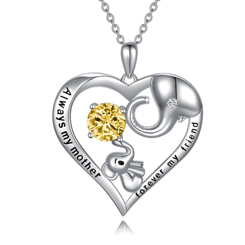 Sterling Silver Yellow Crystal Elephant Heart Engraved Necklace for Women-1