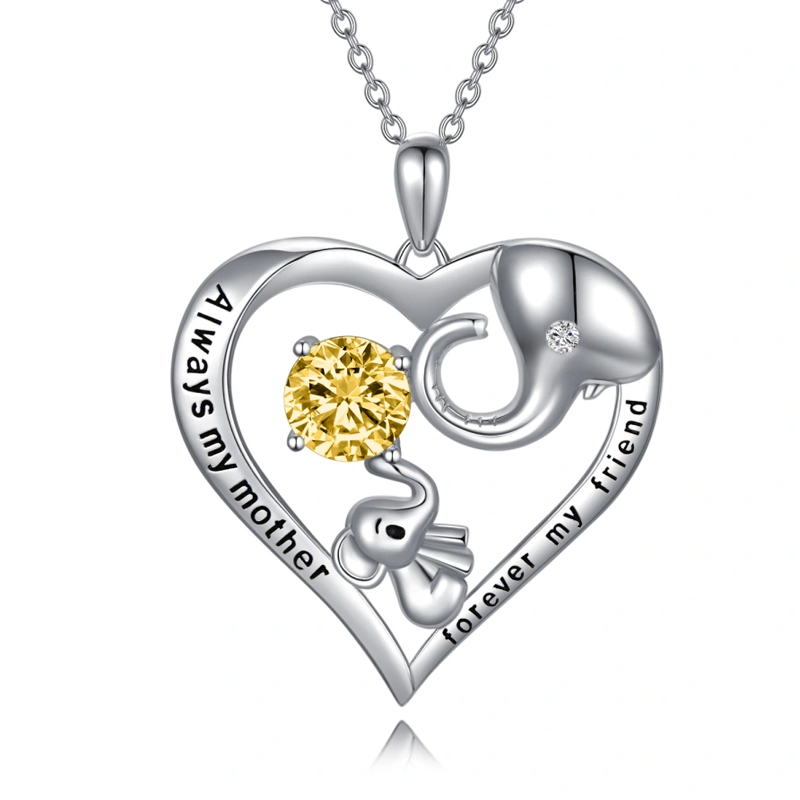Sterling Silver Yellow Crystal Elephant Heart Engraved Necklace for Women-9