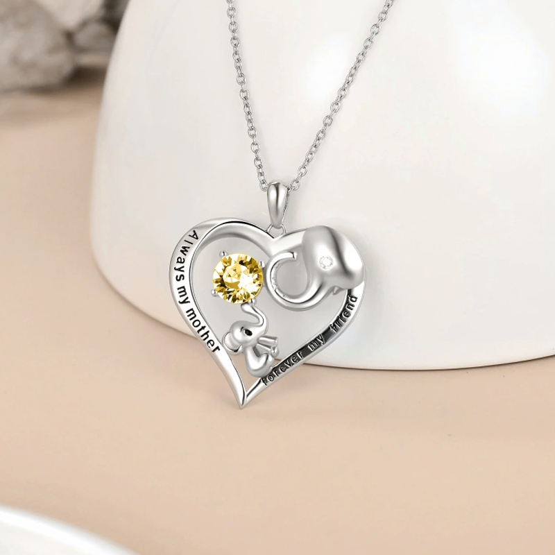 Sterling Silver Yellow Crystal Elephant Heart Engraved Necklace for Women-2