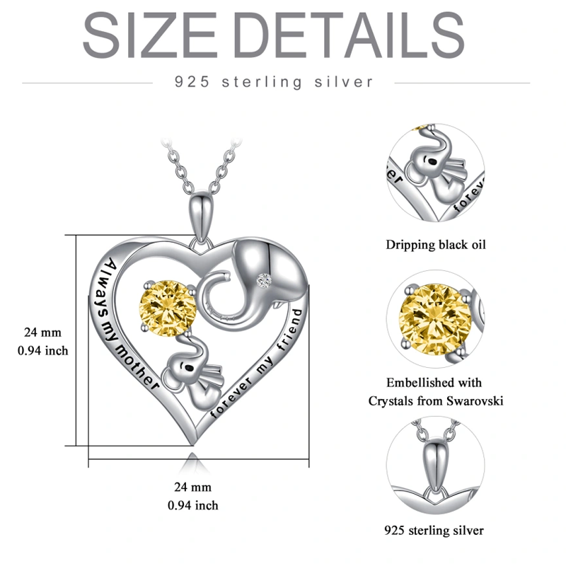 Sterling Silver Yellow Crystal Elephant Heart Engraved Necklace for Women-5