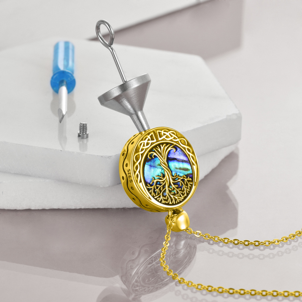 Sterling Silver With Yellow Gold Plated Abalone Shellfish Tree Of Life Celtic Knot Urn Necklace For Ashes With Engraved Word-3